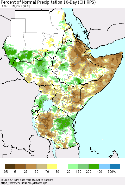 Eastern Africa Percent of Normal Precipitation 10-Day (CHIRPS) Thematic Map For 4/11/2022 - 4/20/2022