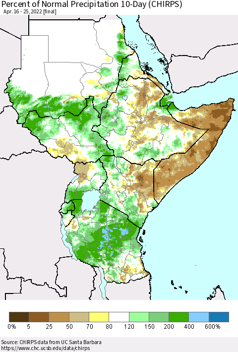 Eastern Africa Percent of Normal Precipitation 10-Day (CHIRPS) Thematic Map For 4/16/2022 - 4/25/2022