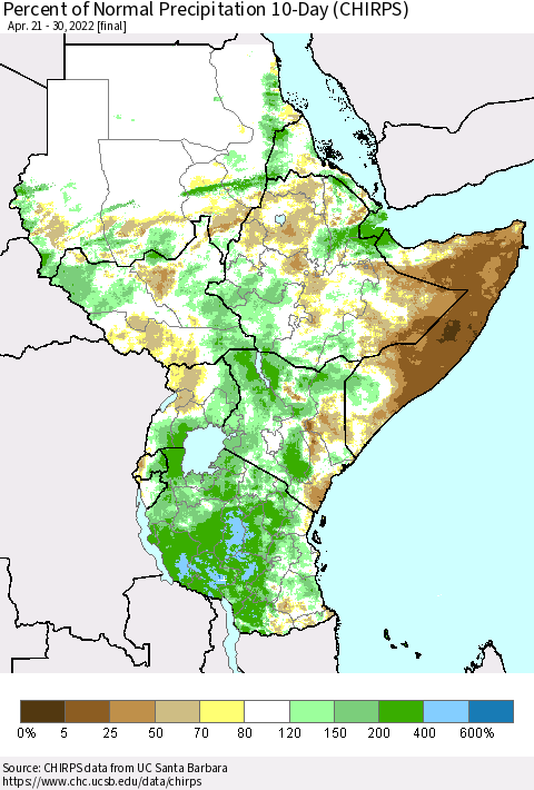 Eastern Africa Percent of Normal Precipitation 10-Day (CHIRPS) Thematic Map For 4/21/2022 - 4/30/2022