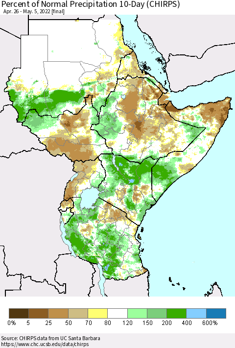 Eastern Africa Percent of Normal Precipitation 10-Day (CHIRPS) Thematic Map For 4/26/2022 - 5/5/2022