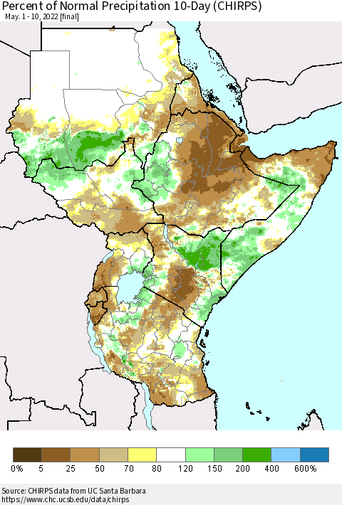 Eastern Africa Percent of Normal Precipitation 10-Day (CHIRPS) Thematic Map For 5/1/2022 - 5/10/2022