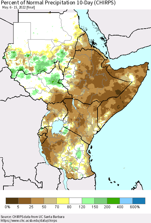 Eastern Africa Percent of Normal Precipitation 10-Day (CHIRPS) Thematic Map For 5/6/2022 - 5/15/2022