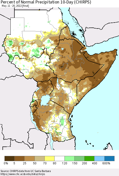 Eastern Africa Percent of Normal Precipitation 10-Day (CHIRPS) Thematic Map For 5/11/2022 - 5/20/2022