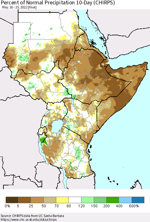 Eastern Africa Percent of Normal Precipitation 10-Day (CHIRPS) Thematic Map For 5/16/2022 - 5/25/2022