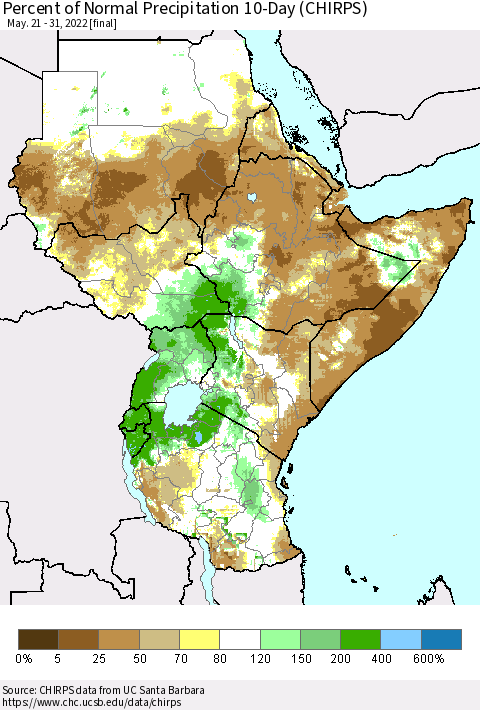 Eastern Africa Percent of Normal Precipitation 10-Day (CHIRPS) Thematic Map For 5/21/2022 - 5/31/2022