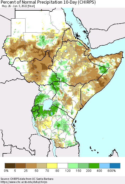 Eastern Africa Percent of Normal Precipitation 10-Day (CHIRPS) Thematic Map For 5/26/2022 - 6/5/2022