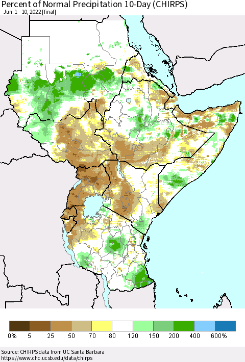 Eastern Africa Percent of Normal Precipitation 10-Day (CHIRPS) Thematic Map For 6/1/2022 - 6/10/2022