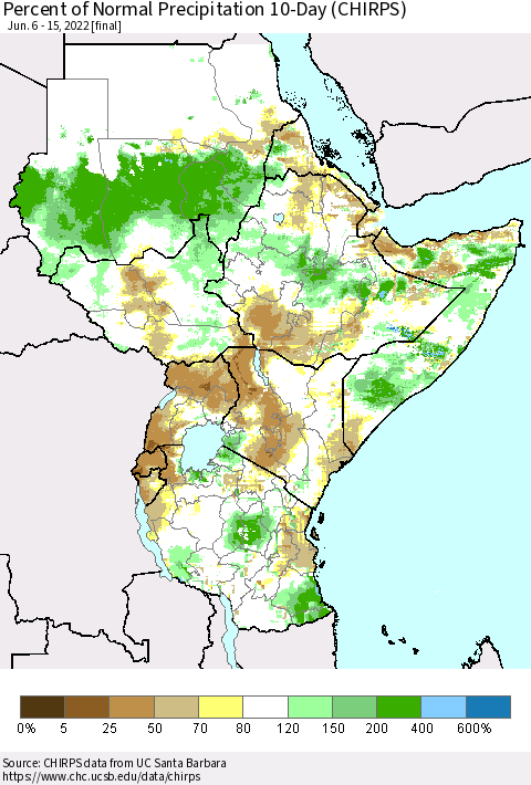 Eastern Africa Percent of Normal Precipitation 10-Day (CHIRPS) Thematic Map For 6/6/2022 - 6/15/2022