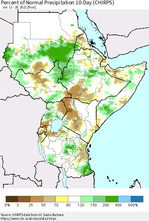 Eastern Africa Percent of Normal Precipitation 10-Day (CHIRPS) Thematic Map For 6/11/2022 - 6/20/2022