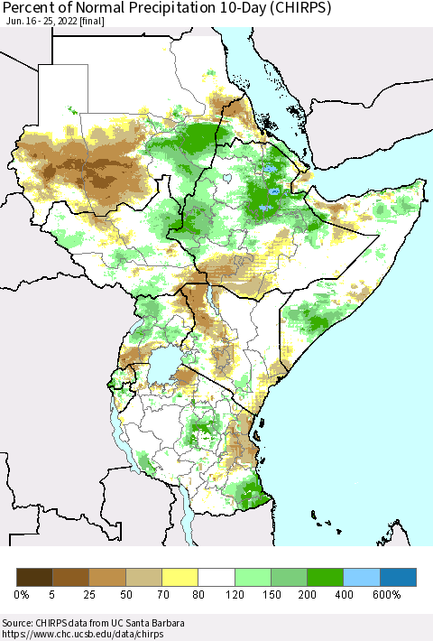 Eastern Africa Percent of Normal Precipitation 10-Day (CHIRPS) Thematic Map For 6/16/2022 - 6/25/2022