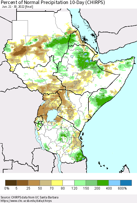 Eastern Africa Percent of Normal Precipitation 10-Day (CHIRPS) Thematic Map For 6/21/2022 - 6/30/2022