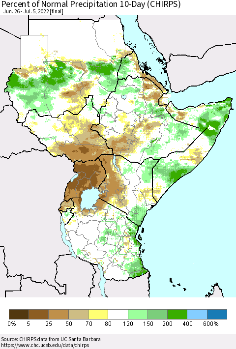 Eastern Africa Percent of Normal Precipitation 10-Day (CHIRPS) Thematic Map For 6/26/2022 - 7/5/2022