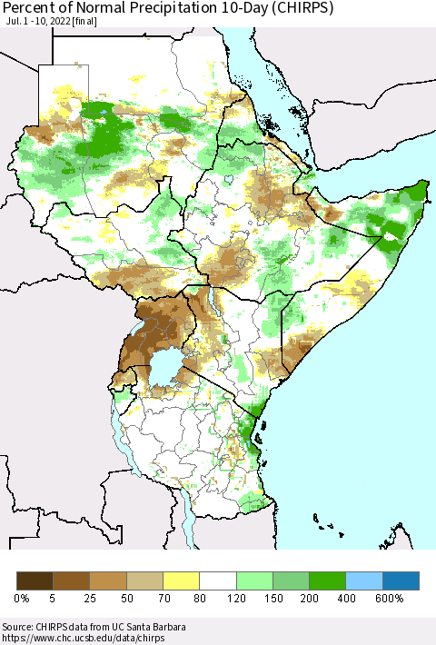Eastern Africa Percent of Normal Precipitation 10-Day (CHIRPS) Thematic Map For 7/1/2022 - 7/10/2022