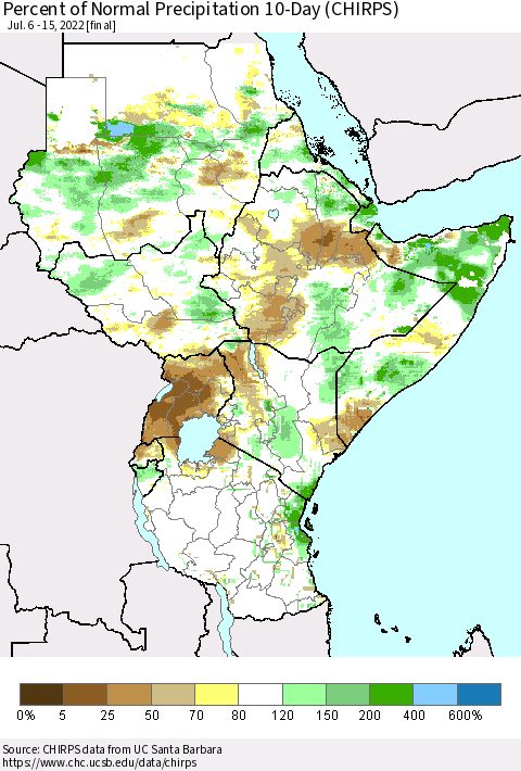 Eastern Africa Percent of Normal Precipitation 10-Day (CHIRPS) Thematic Map For 7/6/2022 - 7/15/2022