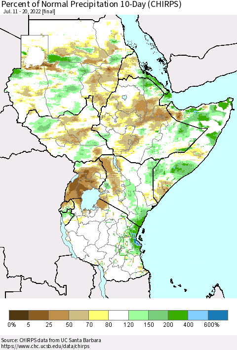 Eastern Africa Percent of Normal Precipitation 10-Day (CHIRPS) Thematic Map For 7/11/2022 - 7/20/2022