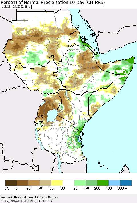 Eastern Africa Percent of Normal Precipitation 10-Day (CHIRPS) Thematic Map For 7/16/2022 - 7/25/2022