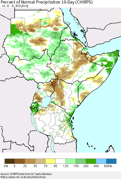 Eastern Africa Percent of Normal Precipitation 10-Day (CHIRPS) Thematic Map For 7/21/2022 - 7/31/2022