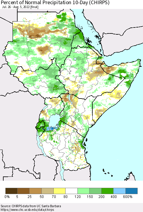 Eastern Africa Percent of Normal Precipitation 10-Day (CHIRPS) Thematic Map For 7/26/2022 - 8/5/2022