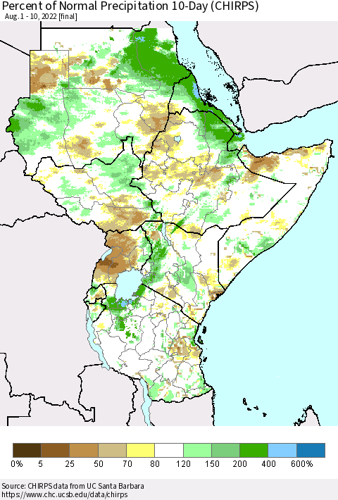 Eastern Africa Percent of Normal Precipitation 10-Day (CHIRPS) Thematic Map For 8/1/2022 - 8/10/2022
