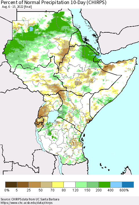 Eastern Africa Percent of Normal Precipitation 10-Day (CHIRPS) Thematic Map For 8/6/2022 - 8/15/2022