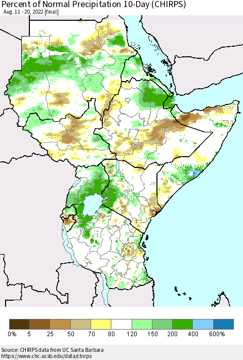 Eastern Africa Percent of Normal Precipitation 10-Day (CHIRPS) Thematic Map For 8/11/2022 - 8/20/2022