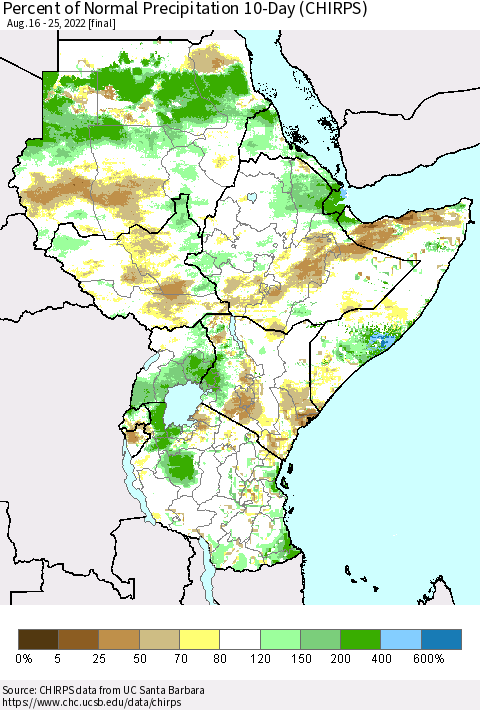 Eastern Africa Percent of Normal Precipitation 10-Day (CHIRPS) Thematic Map For 8/16/2022 - 8/25/2022