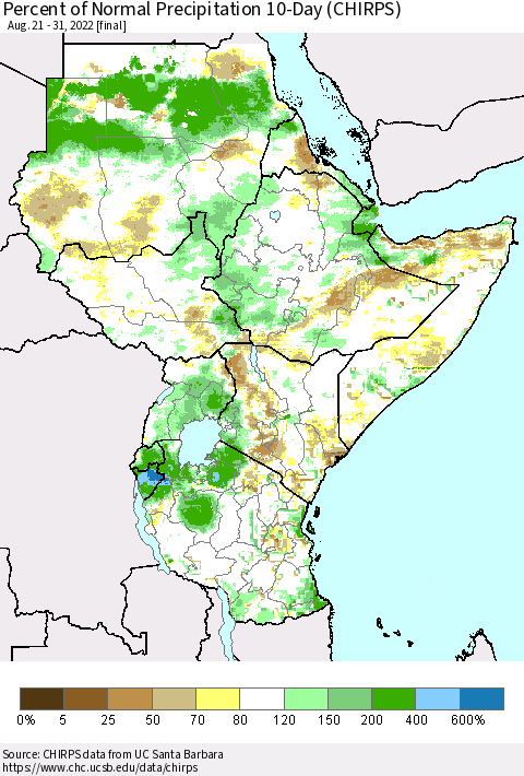 Eastern Africa Percent of Normal Precipitation 10-Day (CHIRPS) Thematic Map For 8/21/2022 - 8/31/2022
