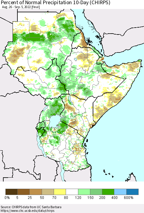 Eastern Africa Percent of Normal Precipitation 10-Day (CHIRPS) Thematic Map For 8/26/2022 - 9/5/2022