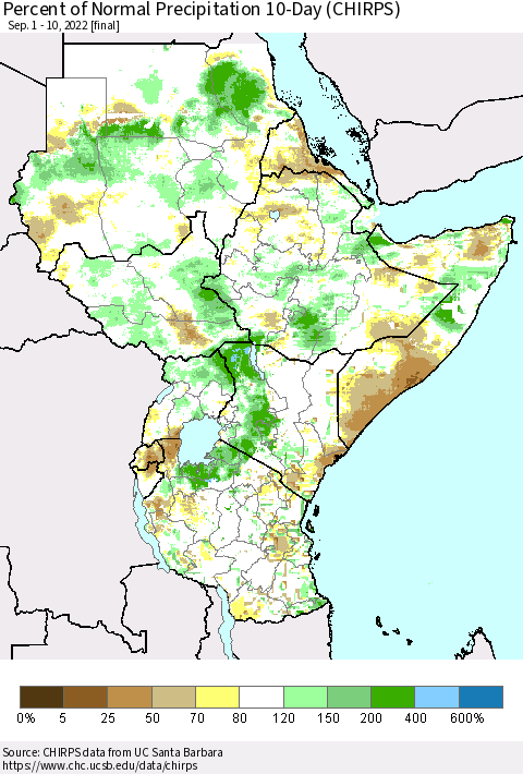 Eastern Africa Percent of Normal Precipitation 10-Day (CHIRPS) Thematic Map For 9/1/2022 - 9/10/2022