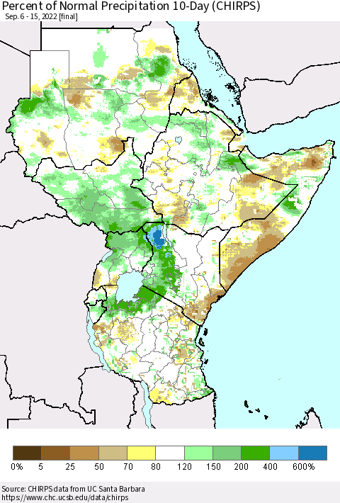 Eastern Africa Percent of Normal Precipitation 10-Day (CHIRPS) Thematic Map For 9/6/2022 - 9/15/2022