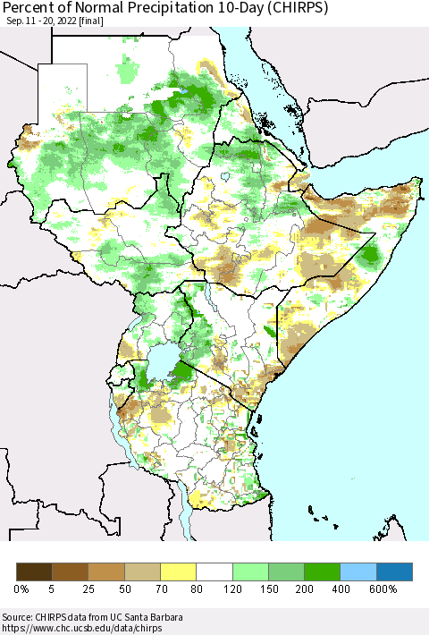 Eastern Africa Percent of Normal Precipitation 10-Day (CHIRPS) Thematic Map For 9/11/2022 - 9/20/2022