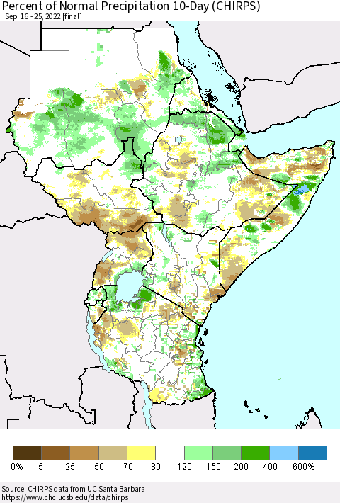 Eastern Africa Percent of Normal Precipitation 10-Day (CHIRPS) Thematic Map For 9/16/2022 - 9/25/2022