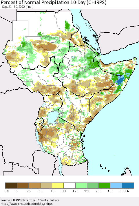 Eastern Africa Percent of Normal Precipitation 10-Day (CHIRPS) Thematic Map For 9/21/2022 - 9/30/2022