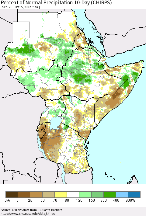 Eastern Africa Percent of Normal Precipitation 10-Day (CHIRPS) Thematic Map For 9/26/2022 - 10/5/2022