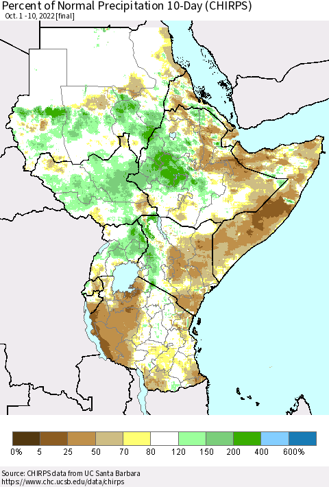 Eastern Africa Percent of Normal Precipitation 10-Day (CHIRPS) Thematic Map For 10/1/2022 - 10/10/2022