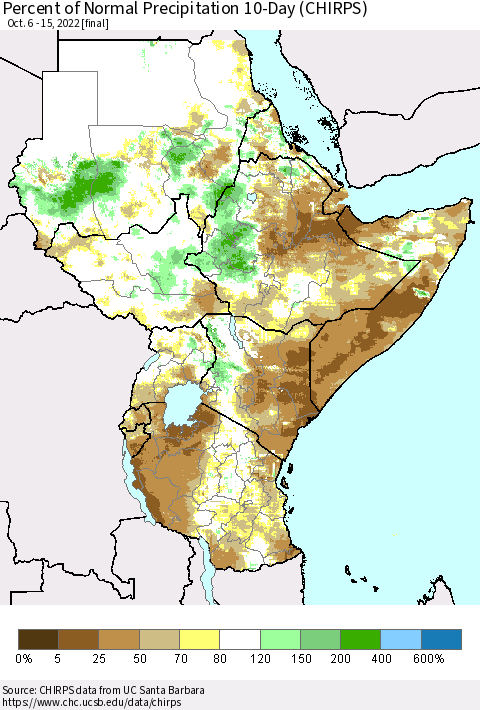 Eastern Africa Percent of Normal Precipitation 10-Day (CHIRPS) Thematic Map For 10/6/2022 - 10/15/2022