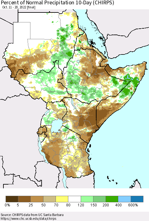 Eastern Africa Percent of Normal Precipitation 10-Day (CHIRPS) Thematic Map For 10/11/2022 - 10/20/2022