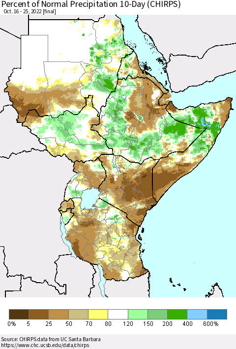 Eastern Africa Percent of Normal Precipitation 10-Day (CHIRPS) Thematic Map For 10/16/2022 - 10/25/2022