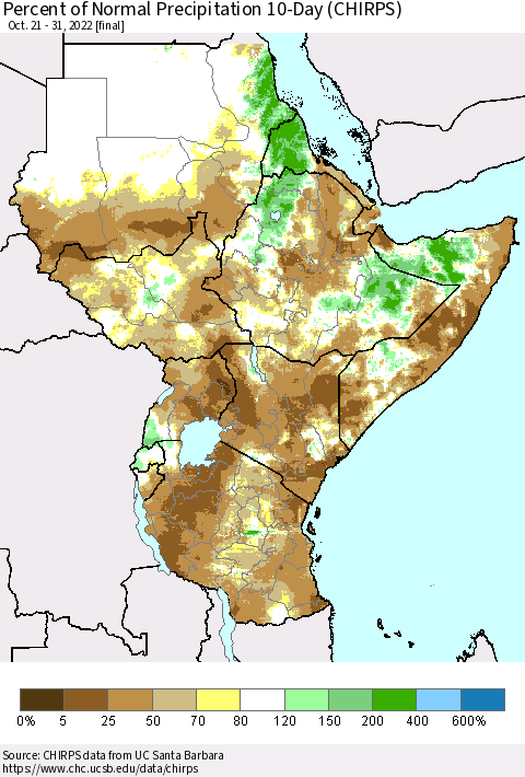 Eastern Africa Percent of Normal Precipitation 10-Day (CHIRPS) Thematic Map For 10/21/2022 - 10/31/2022