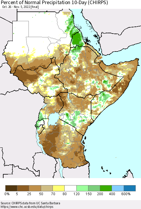 Eastern Africa Percent of Normal Precipitation 10-Day (CHIRPS) Thematic Map For 10/26/2022 - 11/5/2022