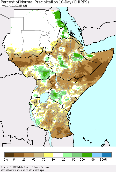 Eastern Africa Percent of Normal Precipitation 10-Day (CHIRPS) Thematic Map For 11/1/2022 - 11/10/2022
