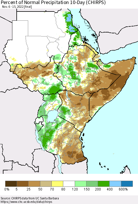 Eastern Africa Percent of Normal Precipitation 10-Day (CHIRPS) Thematic Map For 11/6/2022 - 11/15/2022