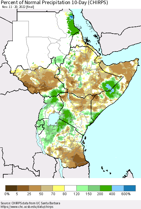 Eastern Africa Percent of Normal Precipitation 10-Day (CHIRPS) Thematic Map For 11/11/2022 - 11/20/2022