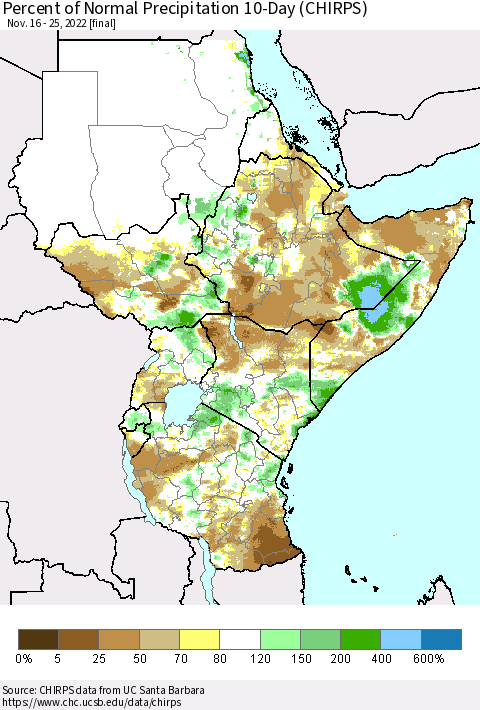 Eastern Africa Percent of Normal Precipitation 10-Day (CHIRPS) Thematic Map For 11/16/2022 - 11/25/2022