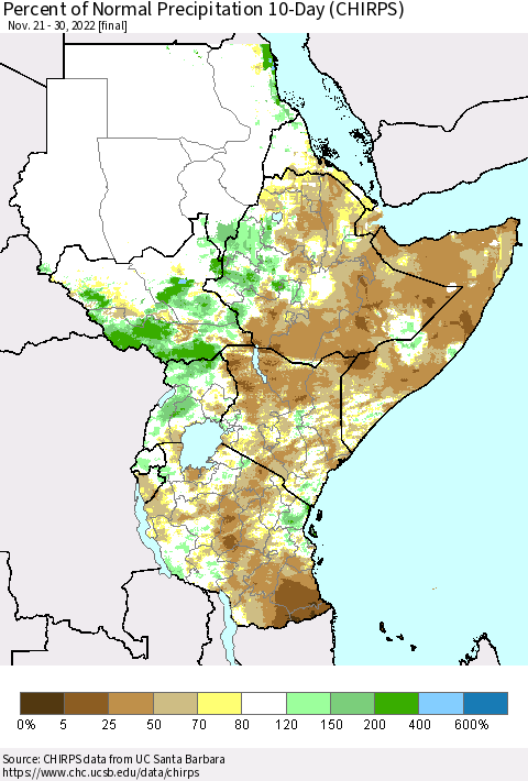 Eastern Africa Percent of Normal Precipitation 10-Day (CHIRPS) Thematic Map For 11/21/2022 - 11/30/2022