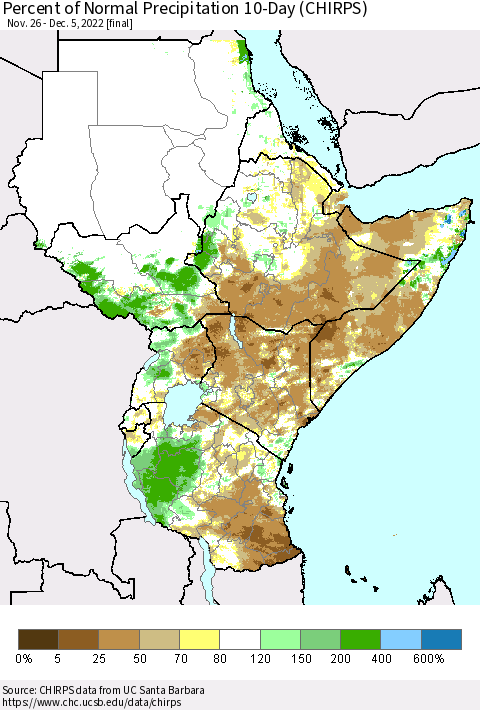 Eastern Africa Percent of Normal Precipitation 10-Day (CHIRPS) Thematic Map For 11/26/2022 - 12/5/2022
