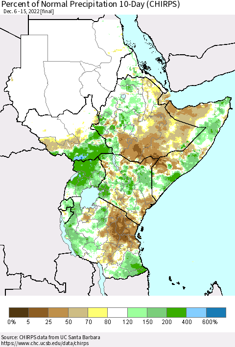 Eastern Africa Percent of Normal Precipitation 10-Day (CHIRPS) Thematic Map For 12/6/2022 - 12/15/2022