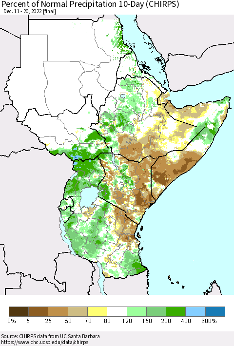 Eastern Africa Percent of Normal Precipitation 10-Day (CHIRPS) Thematic Map For 12/11/2022 - 12/20/2022