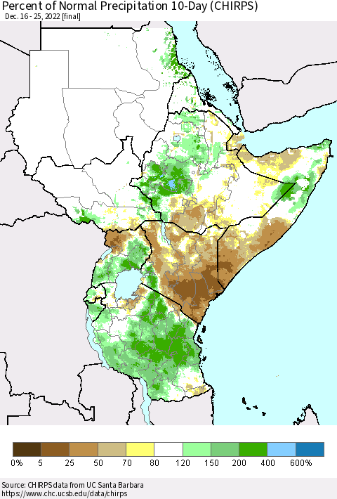Eastern Africa Percent of Normal Precipitation 10-Day (CHIRPS) Thematic Map For 12/16/2022 - 12/25/2022