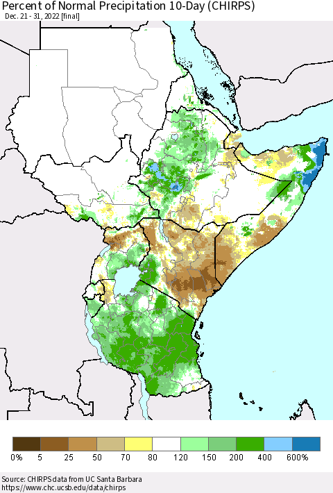 Eastern Africa Percent of Normal Precipitation 10-Day (CHIRPS) Thematic Map For 12/21/2022 - 12/31/2022
